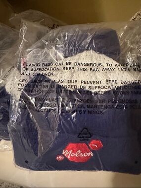 Molson Navy and White Stripe Knit Beanie with Red and white Molson logo